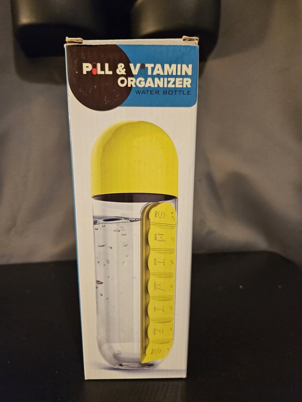 New In Box Pill & Vitamin Organizer Water Bottle - Yellow 20oz